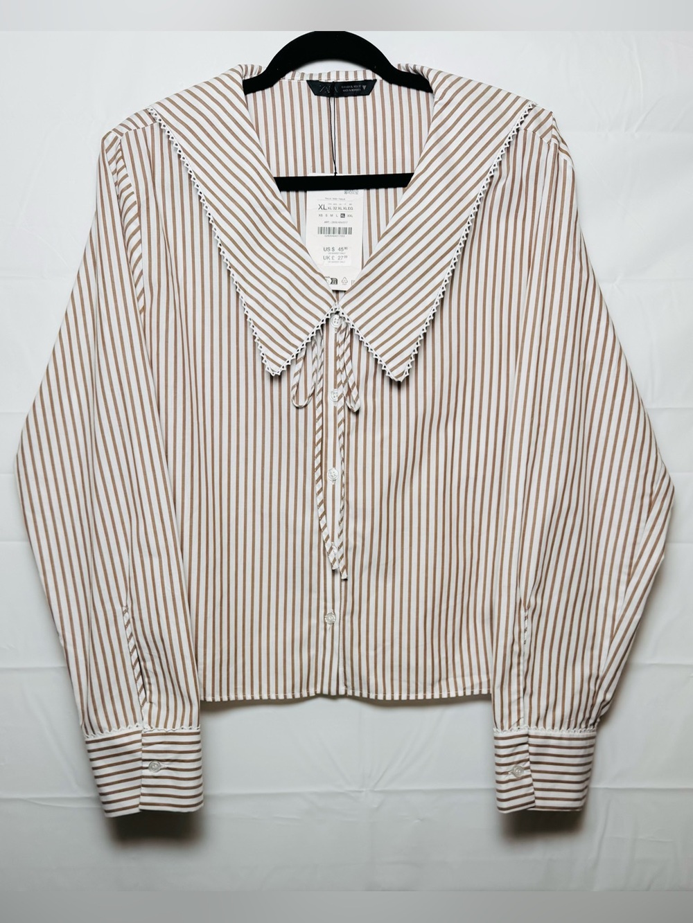 Zara Beige & White Cotton Striped Button-Up Women’s Blouse, XL. NWT